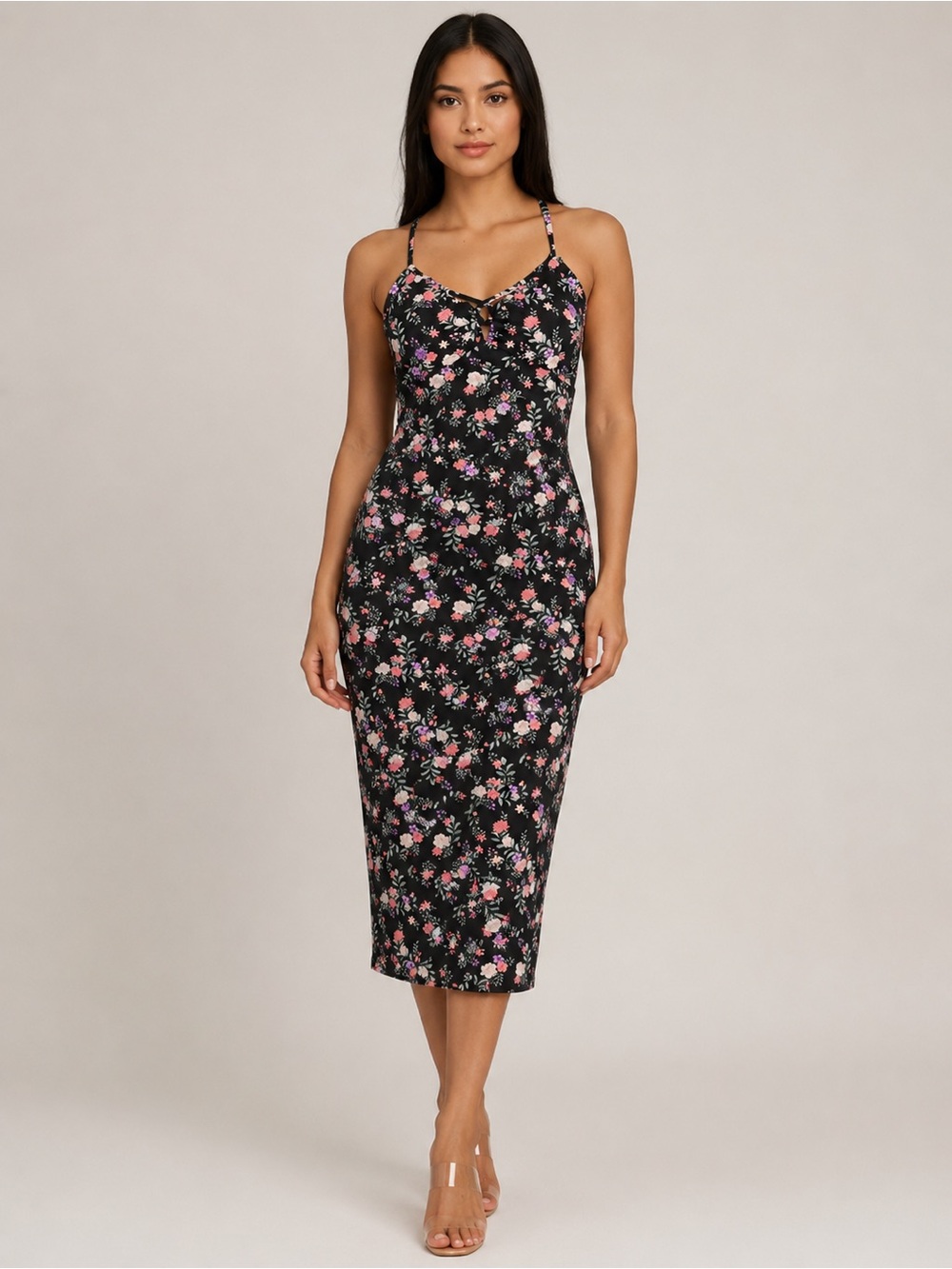No Boundaries Strappy Black Floral Midi Dress